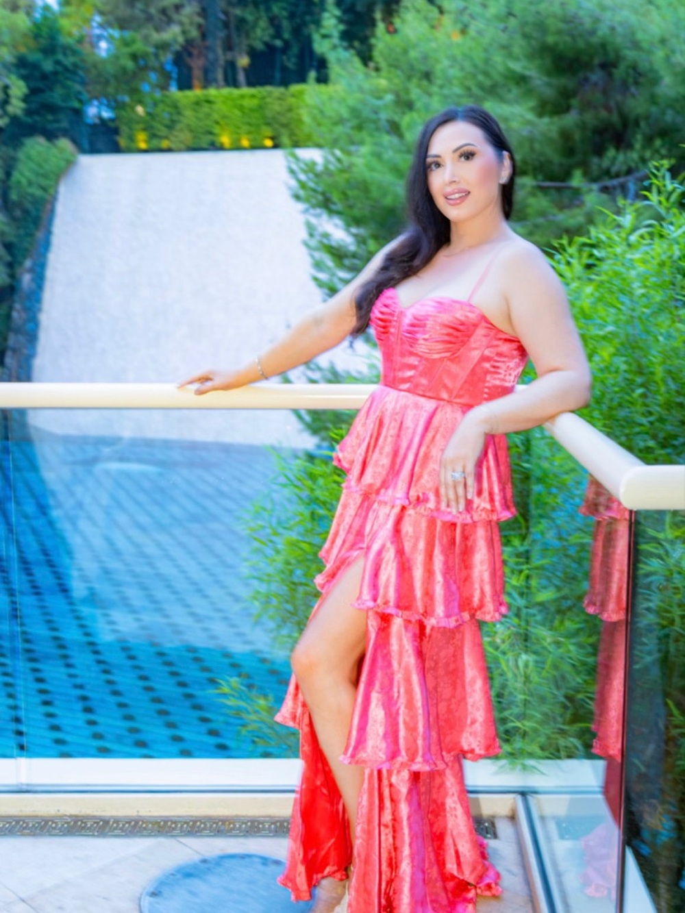 Women's Pink Tiered Ruffle Evening Dress